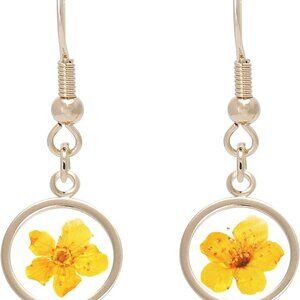 Pressed Flower Yellow Gold Plated Circle Dangle Drop Earrings